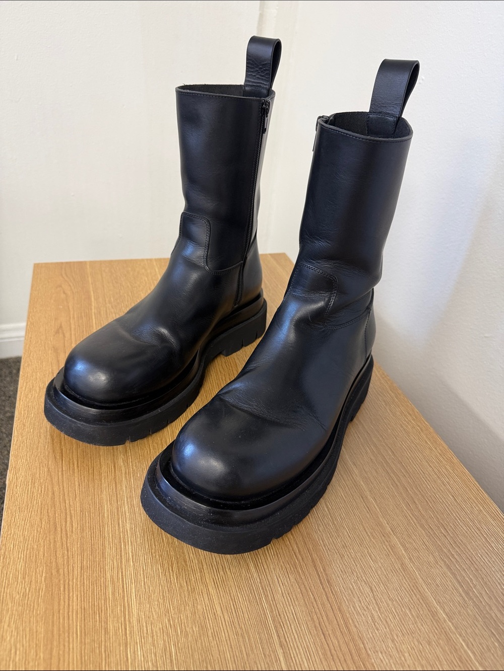 Bottega Veneta Black Chunky Platform Mid-Calf Leather Boots